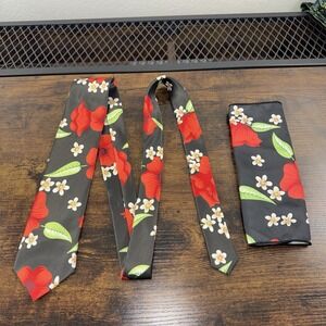 Hi-Tie Floral Tie & Pocket Square Set Black Red Flower Neck Tie Handkerchief Men